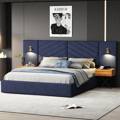 a bedroom with a large bed and blue headboard