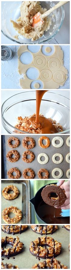 an image of doughnuts being made in the kitchen with chocolate and pretzels