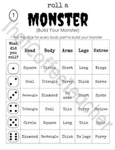 the roll a monster game is shown in black and white, with four dices on it