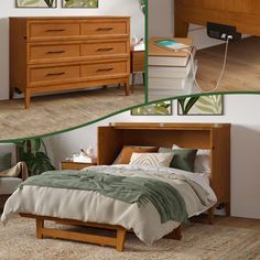 two pictures show the same bed and dresser