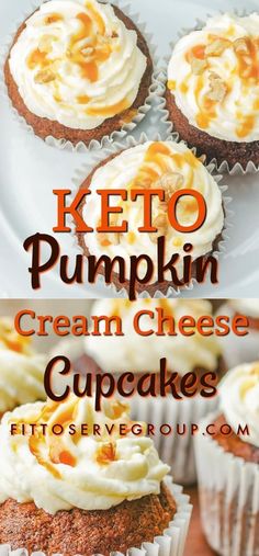 keto pumpkin cream cheese cupcakes on a white plate with text overlay