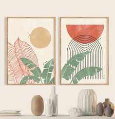 two framed art prints on a wall above a dresser with vases and other items