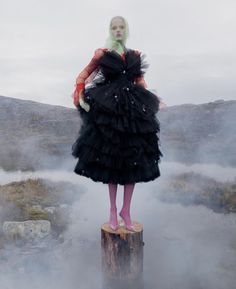 a woman in a black dress standing on a stump