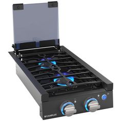 the gas stove has two burners and blue lights on it's front grill