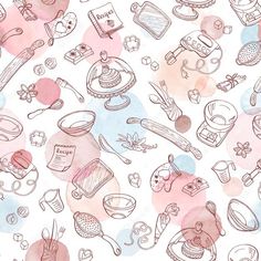 a watercolor pattern with kitchen items and utensils