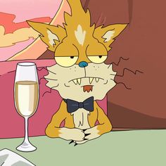 a cartoon cat sitting at a table with a glass of wine