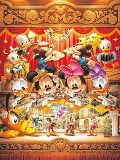 the mickey mouse movie poster is shown in front of a stage with many cartoon characters