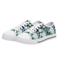 CHRISTMAS ORDERS: Please note orders placed today will not arrive before Christmas. A unique and original pair of high quality, floral sneakers with watercolor flowers printed on navy background. These custom sneakers are printed canvas with rounded toe and lace-up closure for a snug, comfortable fit. Eyelets are metal for that classic look. The sneakers feature a soft textile lining with lightweight construction for maximum comfort and high-quality outsole for traction and exceptional durabilit Casual Low-top Floral Print Sneakers, Casual Lace-up Sneakers With Floral Print, Casual Floral Print Lace-up Sneakers, Casual Low-top Sneakers With Floral Print, Casual Floral Print Low-top Sneakers, Casual Floral Print Lace-up Canvas Shoes, Flowers Shoes, Tie Sneakers, Watercolor Flower Prints