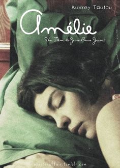 a woman sleeping on top of a bed next to a green blanket with the words amelie written above it