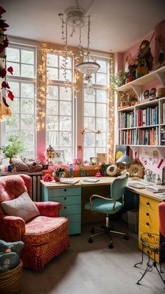 a room filled with lots of books and furniture next to a window covered in lights