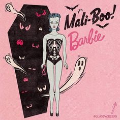 a woman in a skeleton swimsuit standing next to a black and pink background with the words'mail - boo barbie'written on it