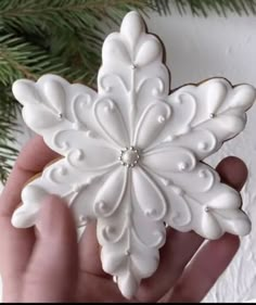 a hand holding a decorated cookie in the shape of a snowflake