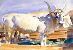 a painting of two cows with horns standing next to each other on a dirt ground