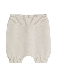 beige cotton knitted construction ribbed waistband mid-length ribbed hem Beige Ribbed Knit Bottoms, Neutral Short Bottoms With Elastic Waistband, Solid Cotton Ribbed Bottoms, Soft Knit Beige Bottoms, Stretch Cotton Ribbed Shorts, Beige Knit Shorts For Loungewear, Ribbed Beige Bottoms For Summer, Knit Shorts With Elastic Waistband, Summer Beige Ribbed Bottoms