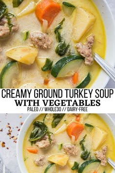 two bowls filled with hearty vegetable and ground turkey soup