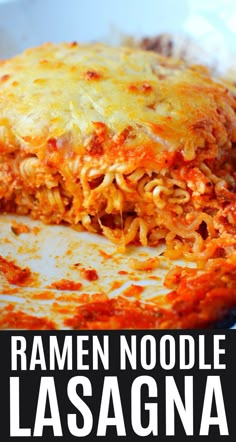 a close up of a plate of food with lasagna in the background and text overlay