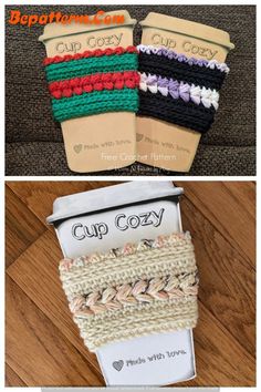 three different types of crochet hair ties on top of each other, with the words cup cozy written across them