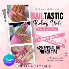 the nails are pink and have been designed to match their color scheme for this mani salon