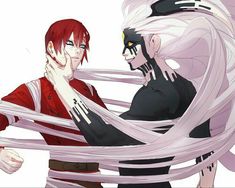 two anime characters with long white hair and red eyes, one holding the other's neck