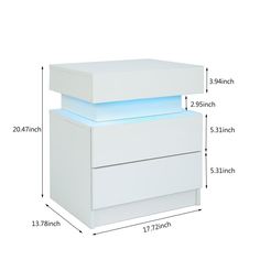 an image of a white night stand with lights on it's sides and measurements