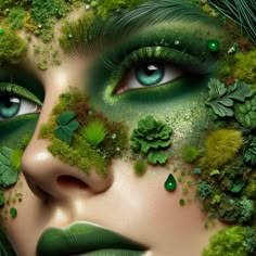 Idea of mossy makeup, featuring vibrant shades of green and intricate details like tiny leaves and faux dewdrops Tree Of Life Makeup, Nature Halloween Makeup, Forest Makeup Look, Dryad Makeup, Mother Earth Makeup, Nymph Makeup, Lake Mermaid, Forest Makeup