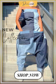 Faux Denim Color Block Patchwork Strapless Jumpsuit Summer Stretch Denim Jumpsuit With Pockets, Trendy Stretch Denim Blue Overalls, Summer Patchwork Stretch Jeans, Trendy Patchwork Jumpsuits And Rompers For Spring, Casual Denim Patchwork Jumpsuit For Summer, Summer Overalls With Patchwork, Blue Patchwork Denim Jumpsuit For Summer, Summer Patchwork Overall Bottoms, Summer Patchwork Denim Jumpsuit