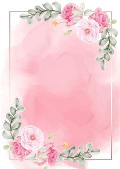 pink flowers and leaves on a watercolor background with a gold frame in the middle