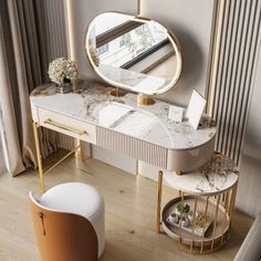 a dressing table with a mirror, stool and vase on it in front of a window