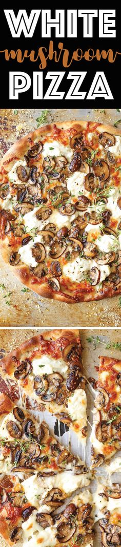 two different views of a pizza with mushrooms on it