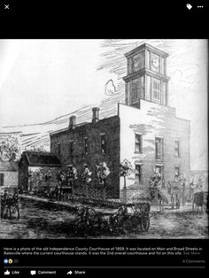 an old black and white drawing of a building with a clock on it's tower