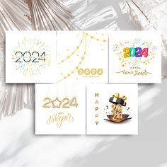 new year's greeting cards with gold numbers and fireworks