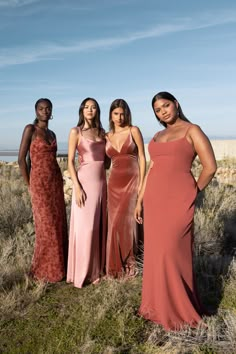 four women in long dresses posing for the camera on a grassy field with blue skies behind them