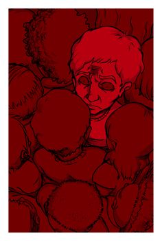 a drawing of a woman surrounded by red balls and her eyes are half - closed