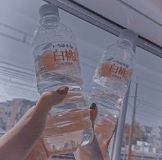 two bottles of water being held up to the window