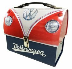 an old vw bus lunch box with the word volkswagen on it's side