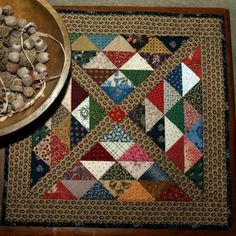 a bowl with mushrooms on top of it next to a quilt