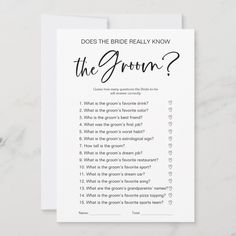 the groom's question card on top of a marble table