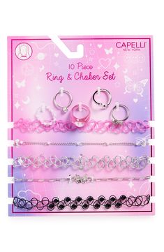 Your kiddo can create multiple jewelry combinations with this playful and shiny set that includes five rings and five stretchy choker necklaces. Adult supervision strongly recommended; jewelry presents choking hazard and should be removed when infant or small child is unattended Includes five rings and five chokers Plastic/metal Imported Jewelry Combinations, Five Rings, Choker Set, Choker Necklaces, Choker, Choker Necklace, Wish List, Cute Outfits, Nordstrom