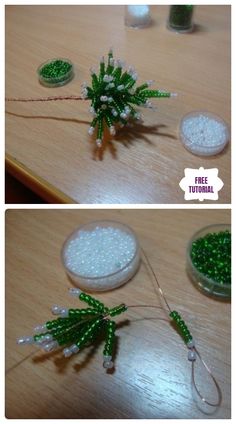 two pictures show the process of making beaded christmas tree ornaments with beads and needles