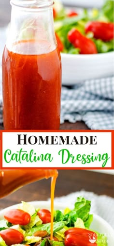 homemade catalina dressing being poured onto a salad with lettuce and tomatoes in the background