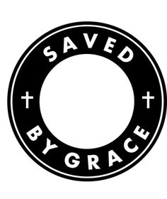 a black and white logo with the words saved by grace written in large letters on it