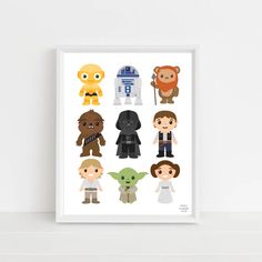 the star wars character poster is displayed on a white shelf next to a framed photo