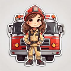 a cartoon firefighter standing in front of a firetruck with her hands on her hips