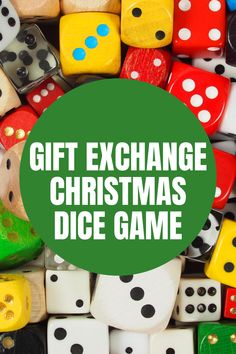 a pile of dices with the words gift exchange christmas dice game in front of them