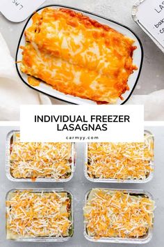 individual freezer lasagna casserole is shown in four separate pans