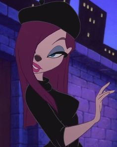 an animated woman with red hair and blue eyes wearing a black dress, standing in front of a brick wall