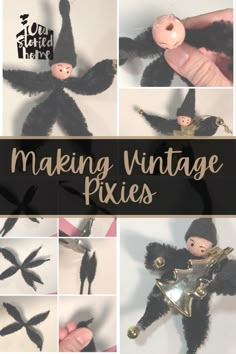 the making vintage pixies book cover is shown with pictures of black birds and other items