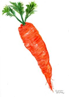 a drawing of a carrot with green leaves on it's top and bottom end