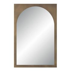 the arched mirror is made from wood and has a metal frame, with an aged finish