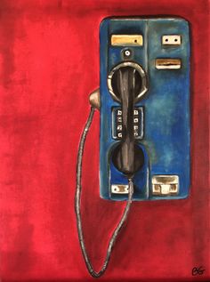 a painting of an old fashioned phone on a red background with the cord still attached